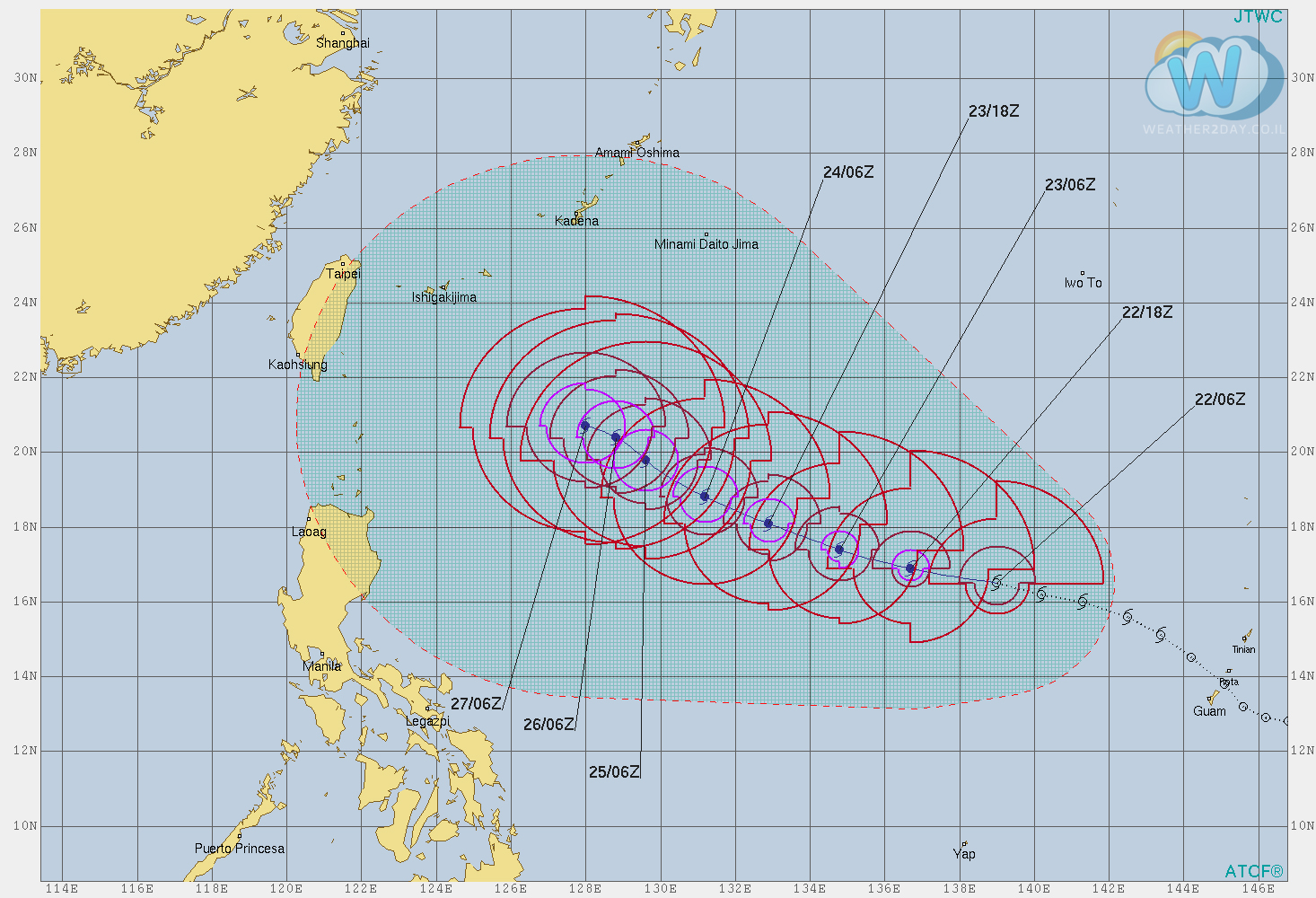 טייפון טראמי - מסלול הסופה הצפוי מעל האוקיינוס השקט
