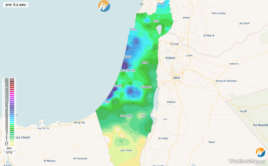 סיכום משקעים מפה צבעונית