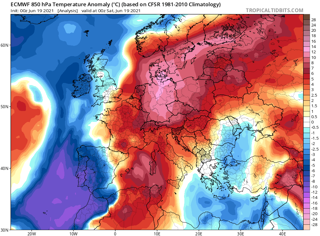 אנומליית הטמפרטורות במפלס 850 מ"ב, כ-1500 מ' מעל פני הים.