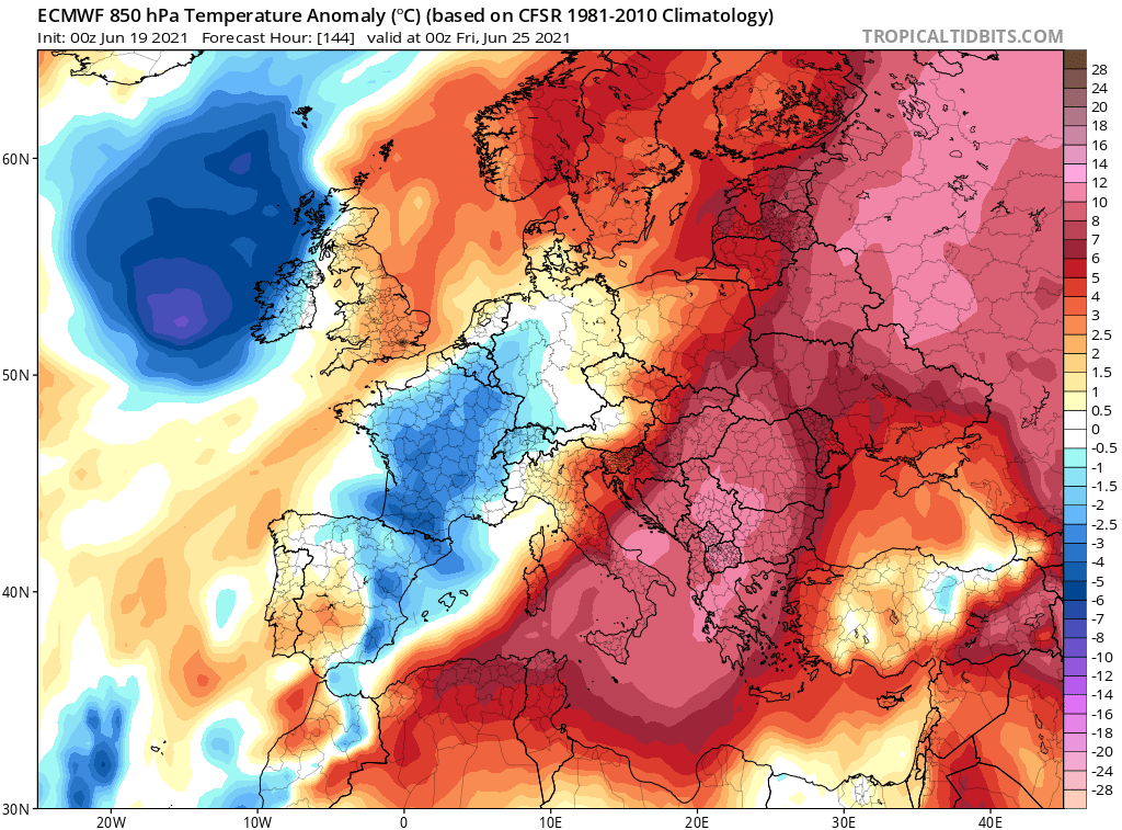 אנומליית הטמפרטורות במפלס 850 מ"ב, כ-1500 מ' מעל פני הים. יום שישי 25/06/2021