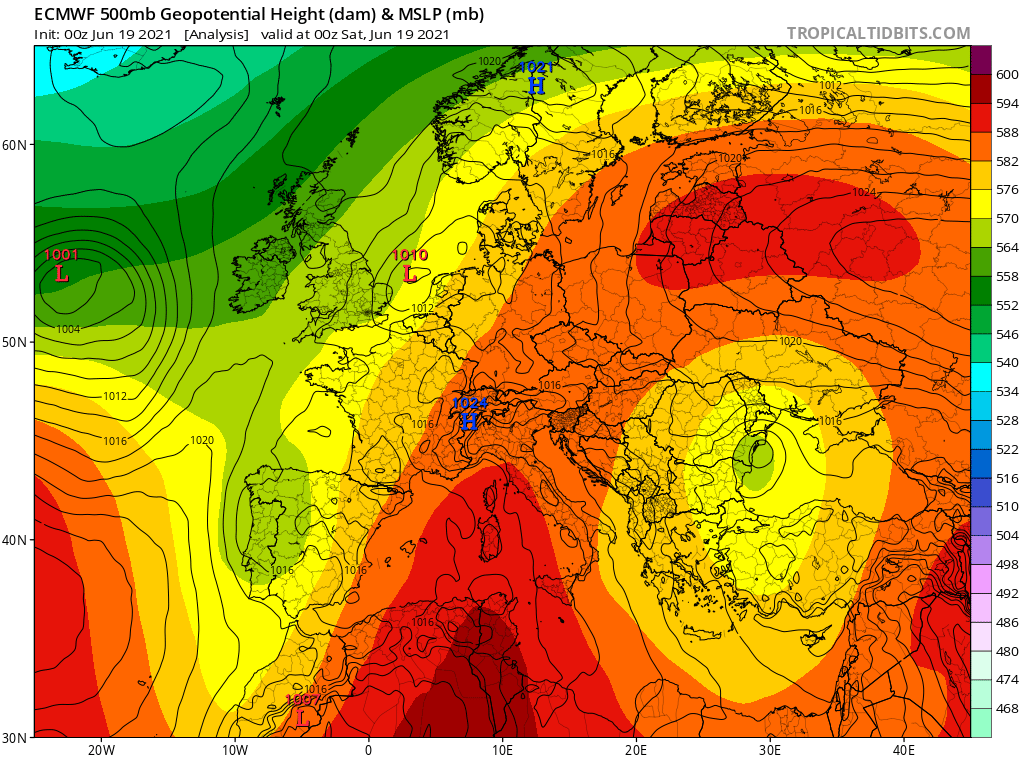 מפת מפלס 500 מ"ב, שקע רום מנותק מעל טורקיה והים השחור
