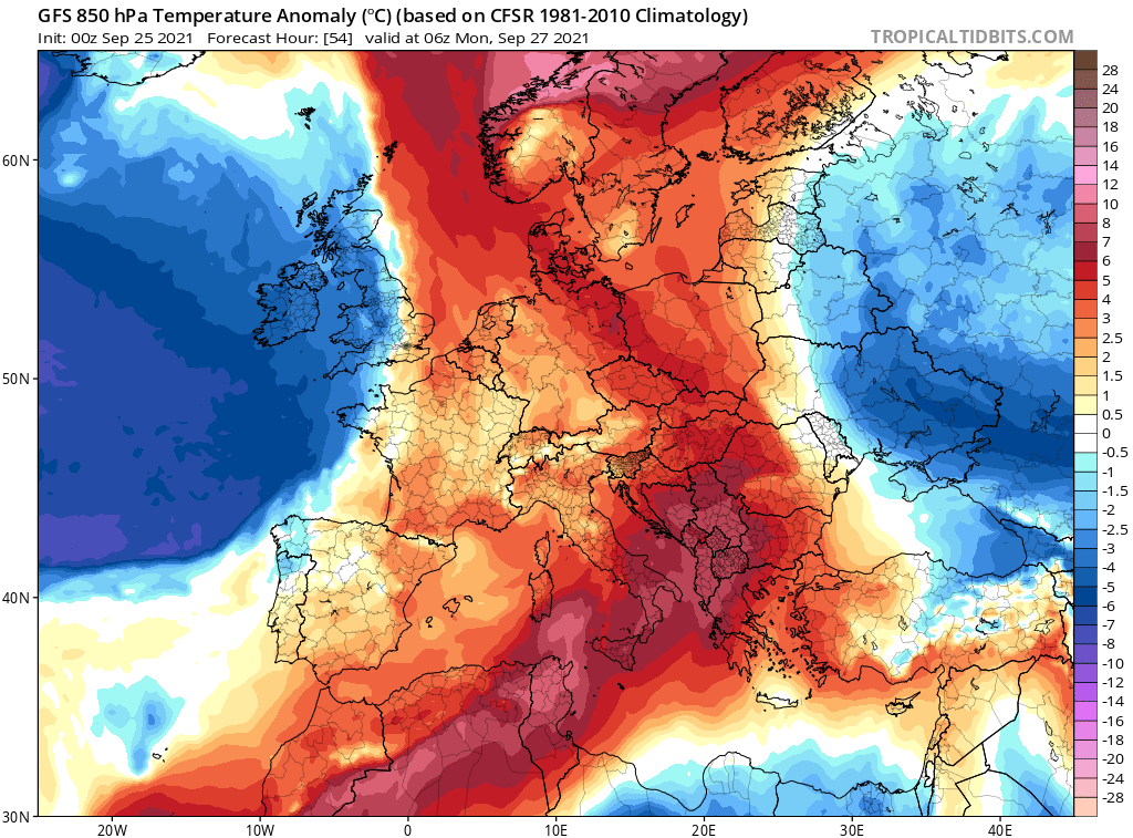 אנומליית הטמפרטורות בגובה 1500 מ יום שני